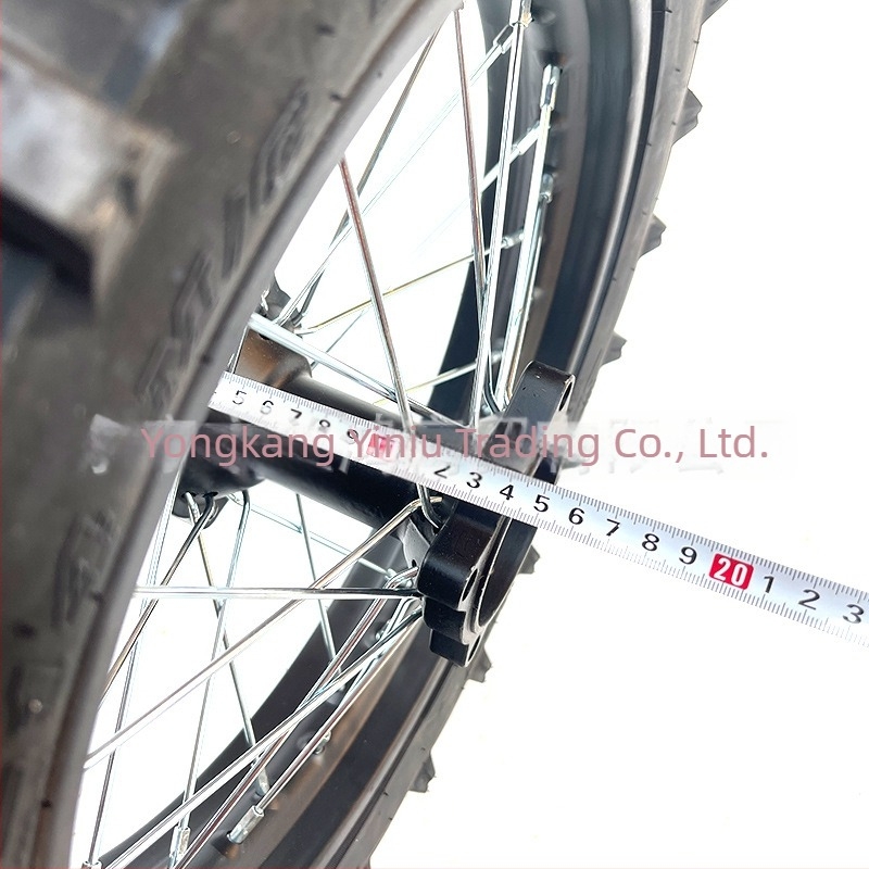 Set de roți pentru motocicletă off-road, pneu 90/100-14, jantă din oțel cu dinți înalți, tambur negru la ax, 12/15 mm