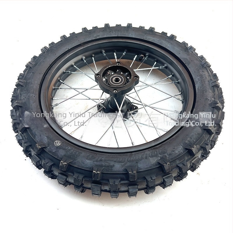 Set de roți pentru motocicletă off-road, pneu 90/100-14, jantă din oțel cu dinți înalți, tambur negru la ax, 12/15 mm