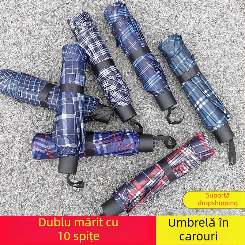 Umbrelă cu model carouri, pliantă, manuală, 10 nervuri, mare pentru două persoane, rezistentă la ploaie și la soare