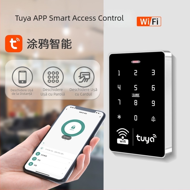 Sistem de control al accesului pentru ușă din sticlă cu aplicație mobilă pentru deblocare la distanță, card RFID și parolă