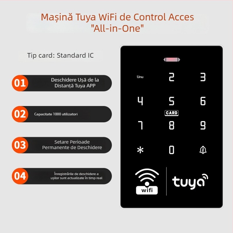 Sistem de control al accesului pentru ușă din sticlă cu aplicație mobilă pentru deblocare la distanță, card RFID și parolă