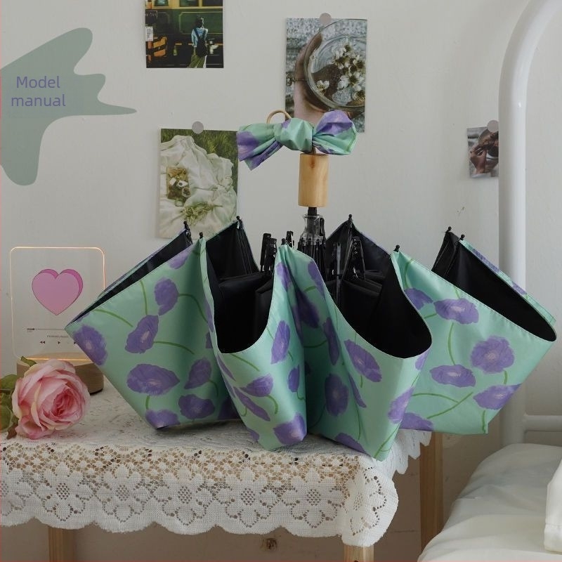 Umbrelă pliantă automată Bauhinia pentru soare și ploaie, protecție UV UPF50+, 8 brațe, raza 48–53 cm