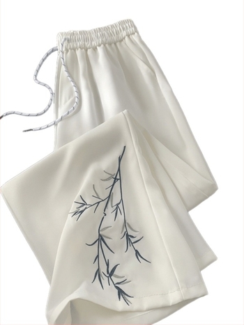 Pantaloni de vară pentru bărbați din ice-silk, ușori, croială largă, broderie în stil asiatic, casual