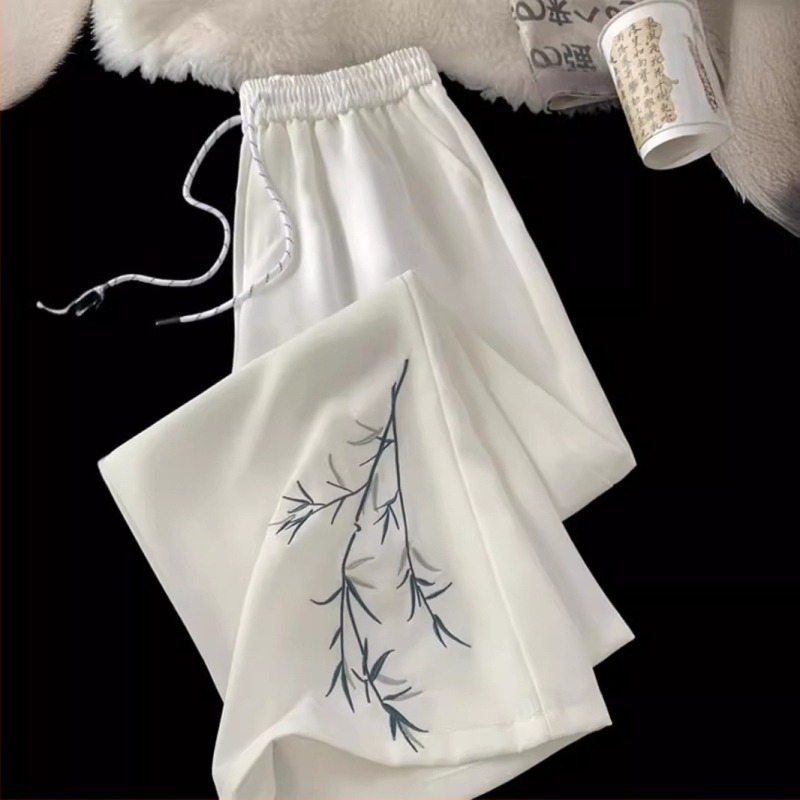 Pantaloni de vară pentru bărbați din ice-silk, ușori, croială largă, broderie în stil asiatic, casual