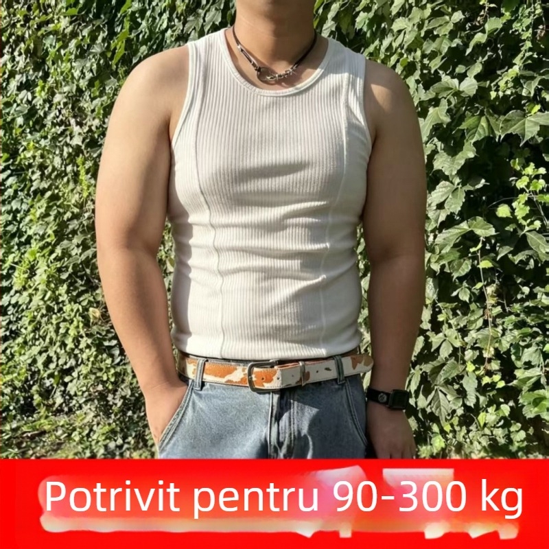 Maieu de fitness pentru bărbați fără mâneci, mărime mare până la 150 kg, vară, culoare solidă, detaliu nervurat cu patchwork, croială Slim, top simplu și versatil