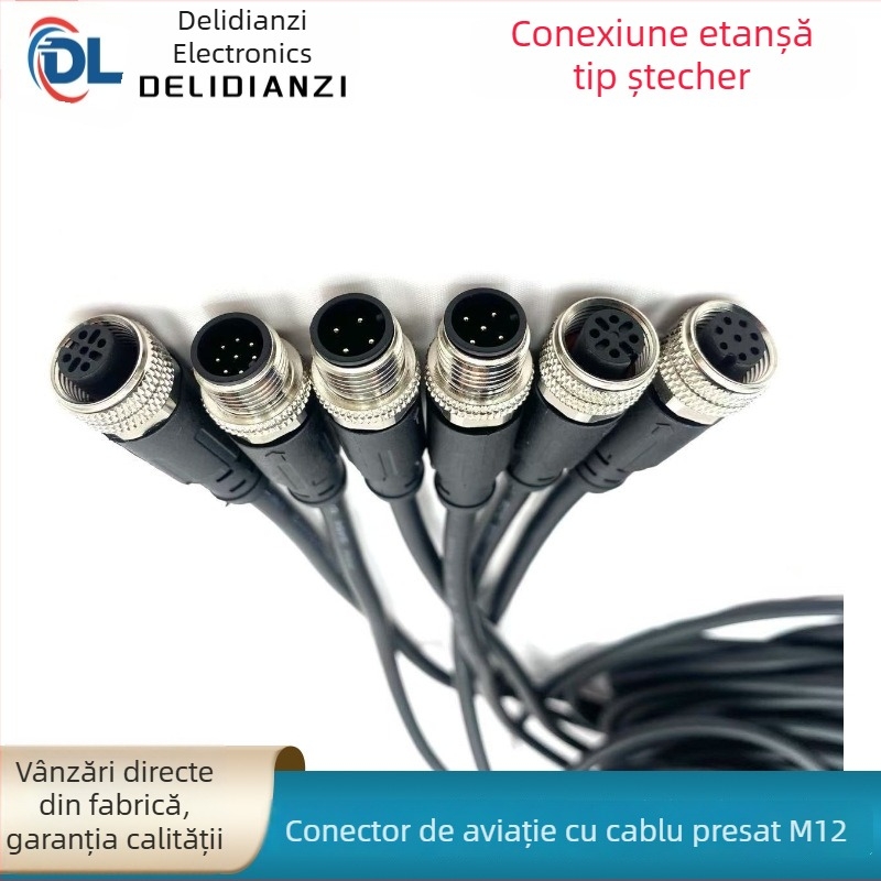 Conector M12 pentru aviație, cablu senzor cu placare aurie, 4/5/8/12 pini, masculin și feminin, capete curbate și drepte