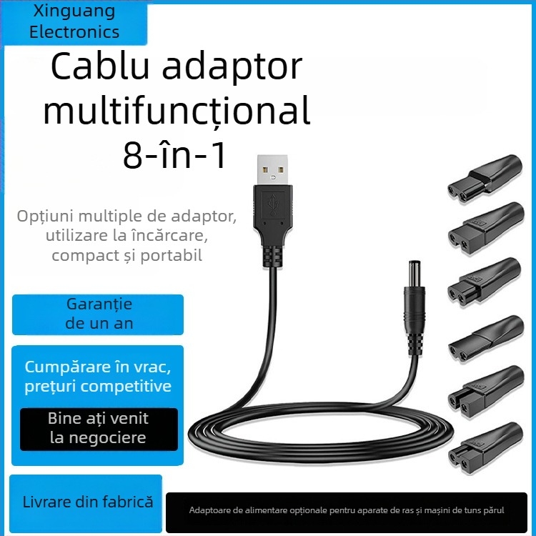 Cablu USB către DC5521 cu conector feminin, adaptor DC5521 cu două porturi pentru mașini de tuns păr și aparate de ras, 6 tipuri de interfețe