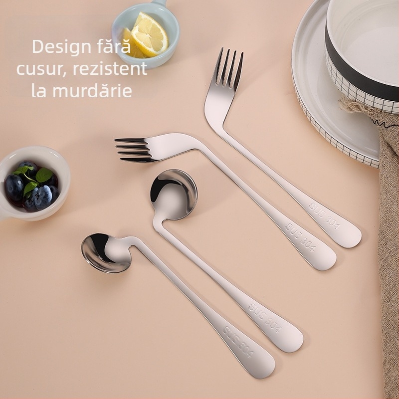 Set de tacâmuri din oțel inoxidabil 304 pentru adulți cu hemiplegie, furculiță și lingură cu design îndoit pentru alimentare, anti-tremur, lingură de hrănire îngroșată pentru uz casnic