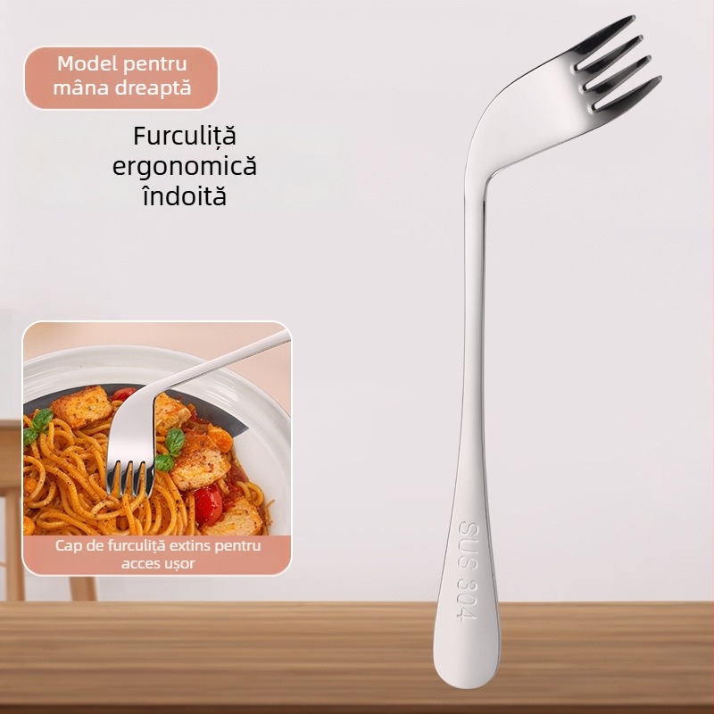 Set de tacâmuri din oțel inoxidabil 304 pentru adulți cu hemiplegie, furculiță și lingură cu design îndoit pentru alimentare, anti-tremur, lingură de hrănire îngroșată pentru uz casnic