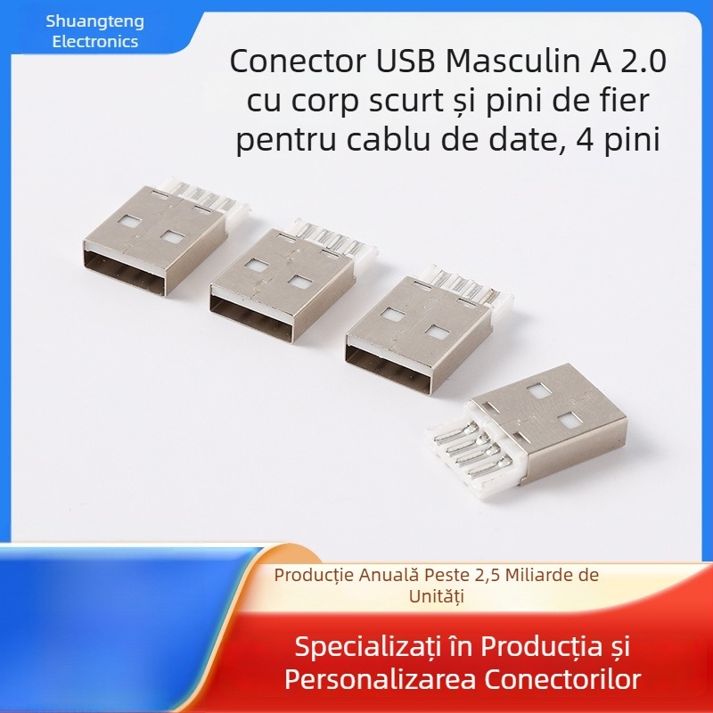 Conector USB Type-A masculin, 2.0A, corp scurt, pin din oțel, conector USB cu 4 nuclee pentru cablu