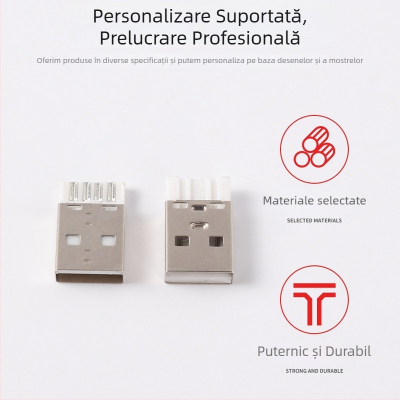 Conector USB Type-A masculin, 2.0A, corp scurt, pin din oțel, conector USB cu 4 nuclee pentru cablu