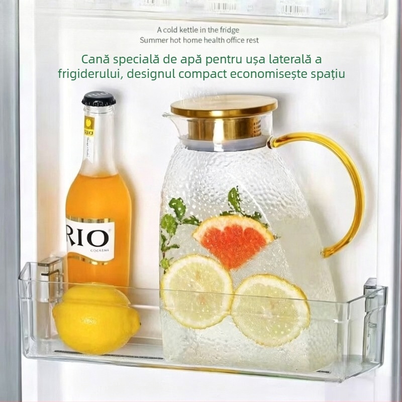 Recipient de apă din sticlă borosilicată înaltă, cu textură ciocănită, capacitate mare, rezistent la căldură și frig, pentru uz casnic.