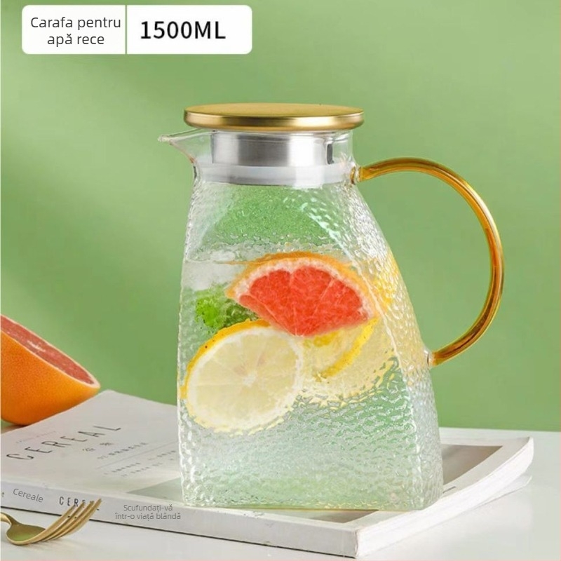 Recipient de apă din sticlă borosilicată înaltă, cu textură ciocănită, capacitate mare, rezistent la căldură și frig, pentru uz casnic.