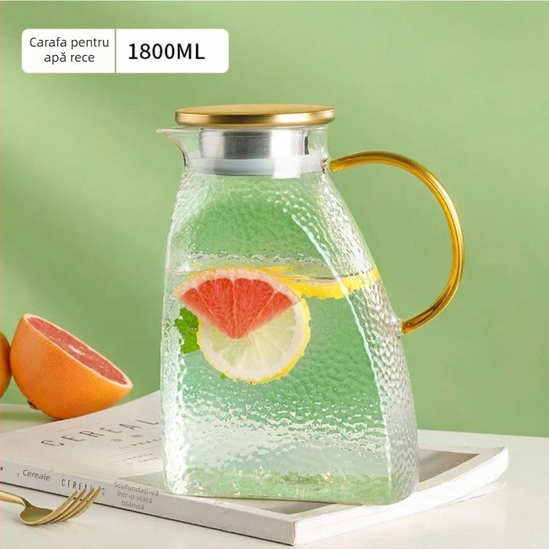 Recipient de apă din sticlă borosilicată înaltă, cu textură ciocănită, capacitate mare, rezistent la căldură și frig, pentru uz casnic.