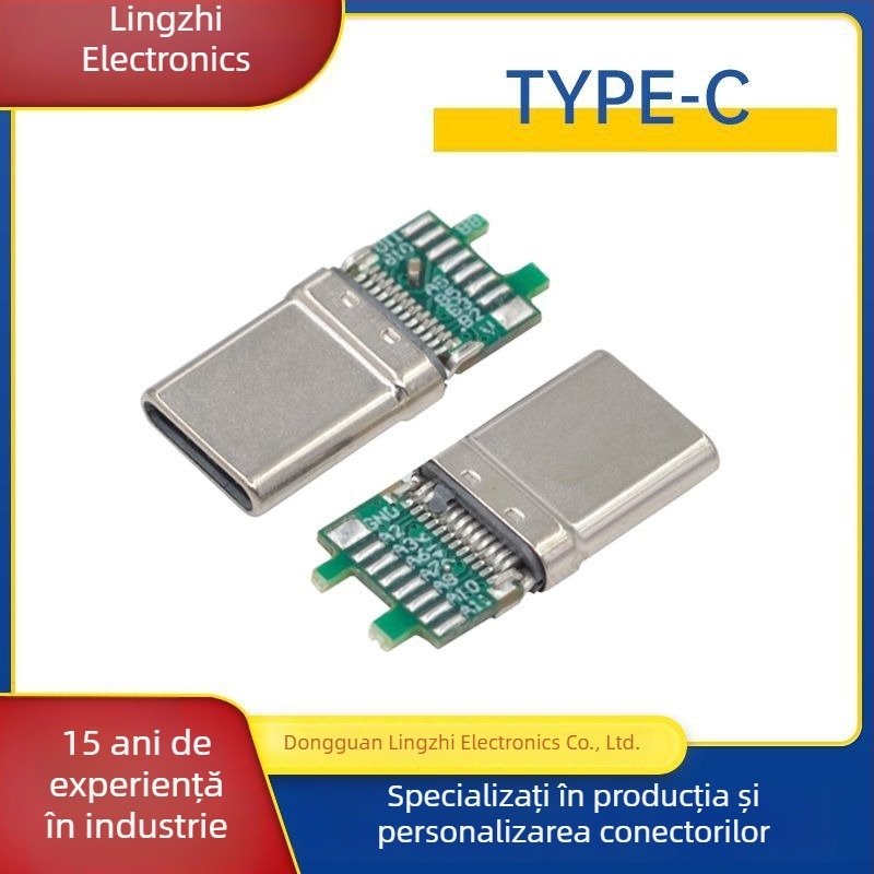 Conector USB Type-C, 24 pini, mufa masculină cu placă, 17 zone de lipire, USB 3.1, transfer de date la 10G