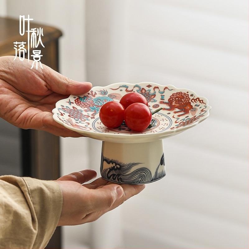 Platou de fructe din porțelan, cu picior, în stil chinezesc, pentru living – farfurie pentru gustări de ceai, ceramică