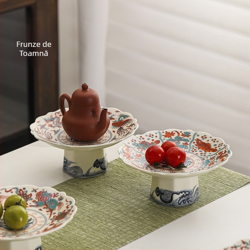 Platou de fructe din porțelan, cu picior, în stil chinezesc, pentru living – farfurie pentru gustări de ceai, ceramică