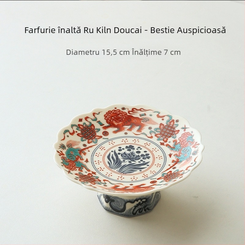 Platou de fructe din porțelan, cu picior, în stil chinezesc, pentru living – farfurie pentru gustări de ceai, ceramică