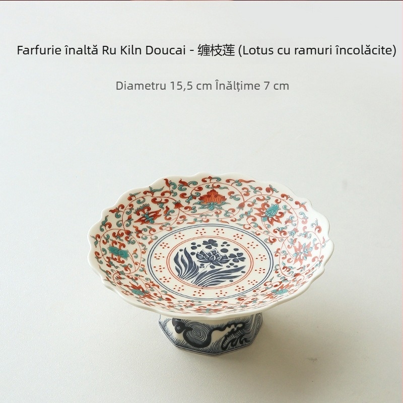 Platou de fructe din porțelan, cu picior, în stil chinezesc, pentru living – farfurie pentru gustări de ceai, ceramică