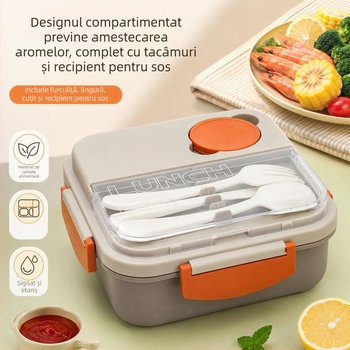 Cutie de prânz pătrată, izolată, cu tacâmuri și recipient pentru sos, închidere cu clips, compatibilă cu cuptorul cu microunde, trei compartimente.