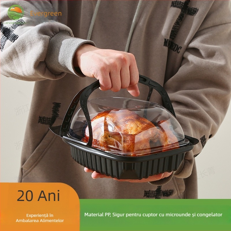 Cutie de unică folosință, alimentară, portabilă pentru take-away, pentru pui la rotisor, rață la rotisor și carne de porumbei; ambalaj multifuncțional