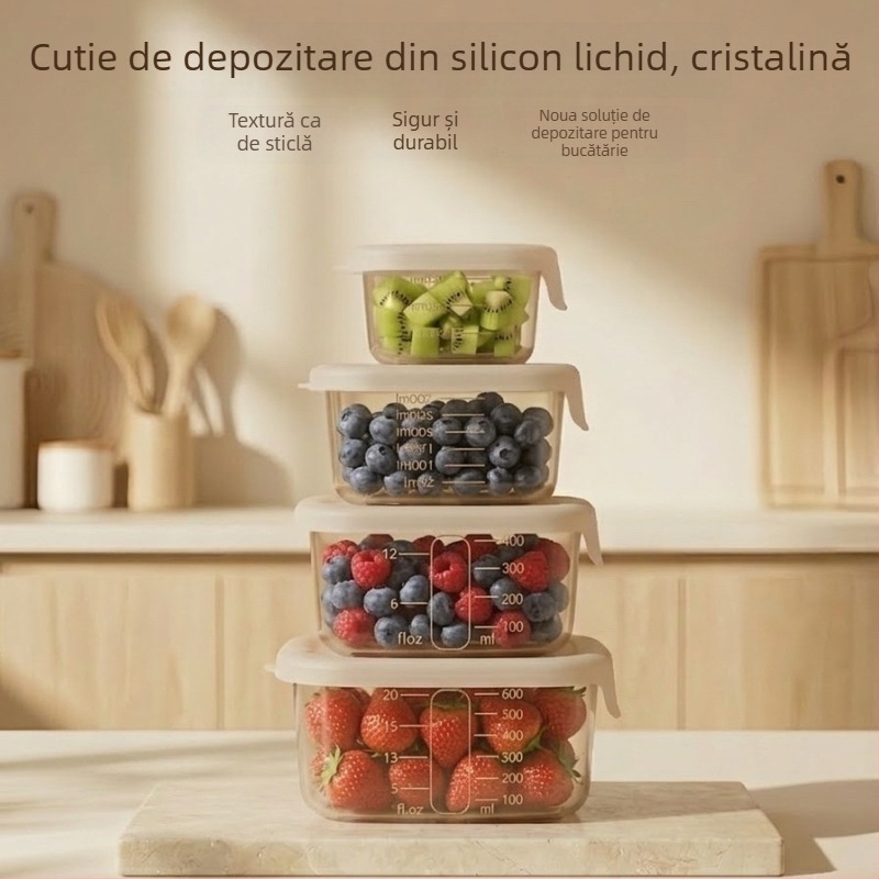 Cutie din silicon de calitate alimentară, etanșă, pentru refrigerare, compatibilă cu cuptorul cu microunde, pătrată, compartiment unic.
