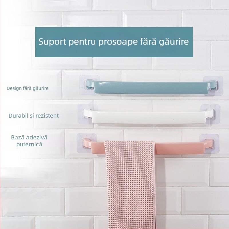Suport de prosoape montat pe perete fără găuri, cu cârlige și bară mare de prosoape