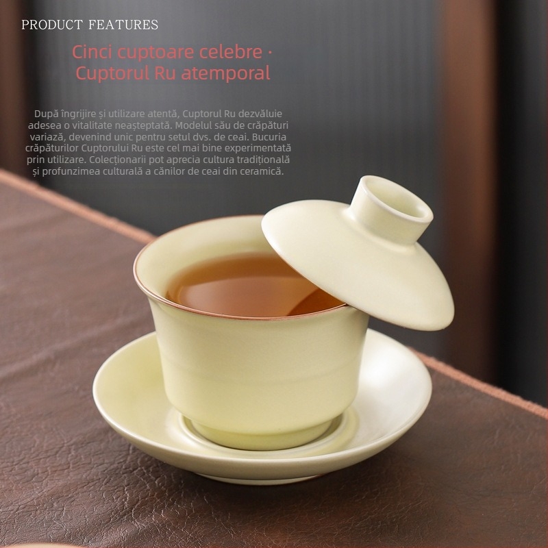 Set de ceai din ceramică bej Ge ware cu ceainic cu mâner, capace, boluri și cești într-o cutie cadou, set complet pentru cadouri corporative