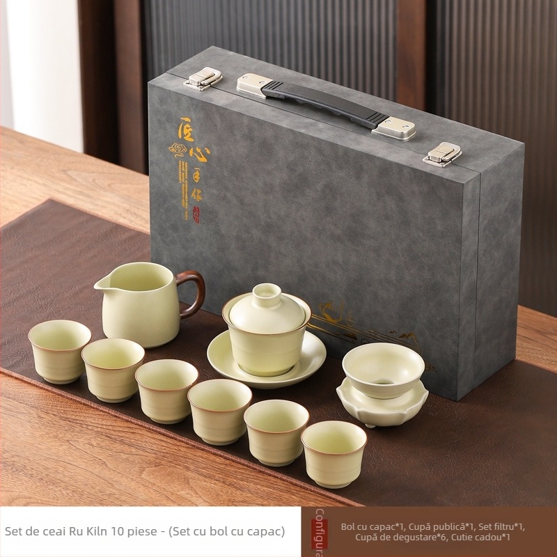 Set de ceai din ceramică bej Ge ware cu ceainic cu mâner, capace, boluri și cești într-o cutie cadou, set complet pentru cadouri corporative