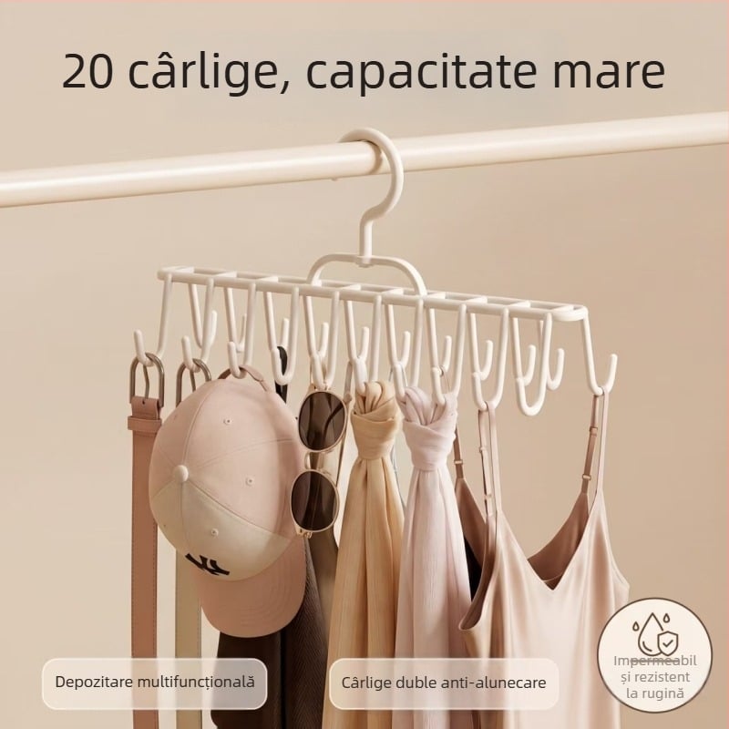 Umeraș cu două rânduri de cârlige, 20 de cârlige — organizator multifuncțional pentru lenjerie, veste și haine