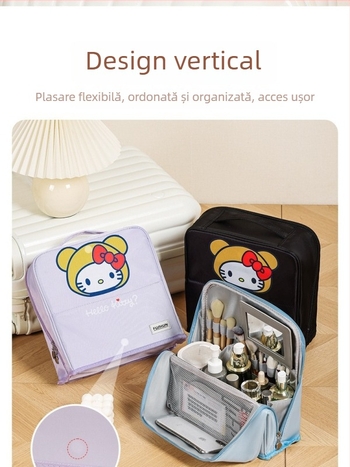 Posetă de machiaj cu design de pisicuță, design vertical, capacitate mare, potrivită pentru călătorii și ieșiri, spațiu pentru pensule de machiaj