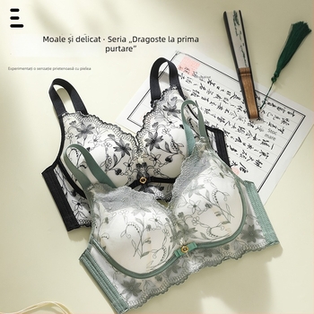 Sutien din dantelă brodată, fără armături, pentru sâni mici, respirabil și confortabil, cu efect push-up