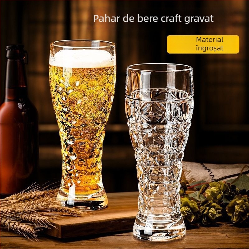 Pahare de bere din sticlă gravată, design în talie, capacitate mare – set pentru acasă (două pahare)