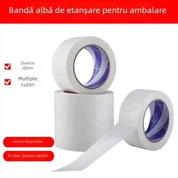 Bandă albă opacă pentru ambalare, 4,9 cm x 100 m, film BOPP, adeziv pe bază de apă, aderență puternică