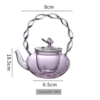 Ceainic din sticlă roz, lucrat manual, cu mâner ridicător, design floral-ierbăvar, sticlă borosilikată groasă, rezistentă la căldură