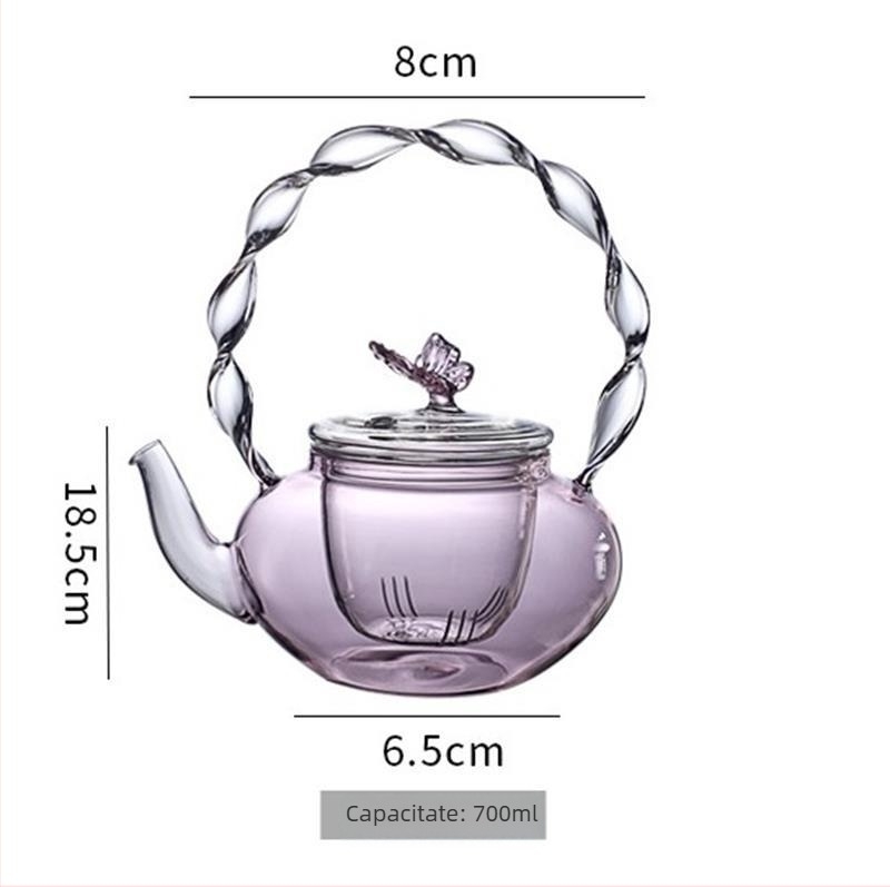 Ceainic din sticlă roz, lucrat manual, cu mâner ridicător, design floral-ierbăvar, sticlă borosilikată groasă, rezistentă la căldură