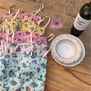 Top mini floral în stil franțuzesc, cu burete pentru bust, fără bretele, spate frumos