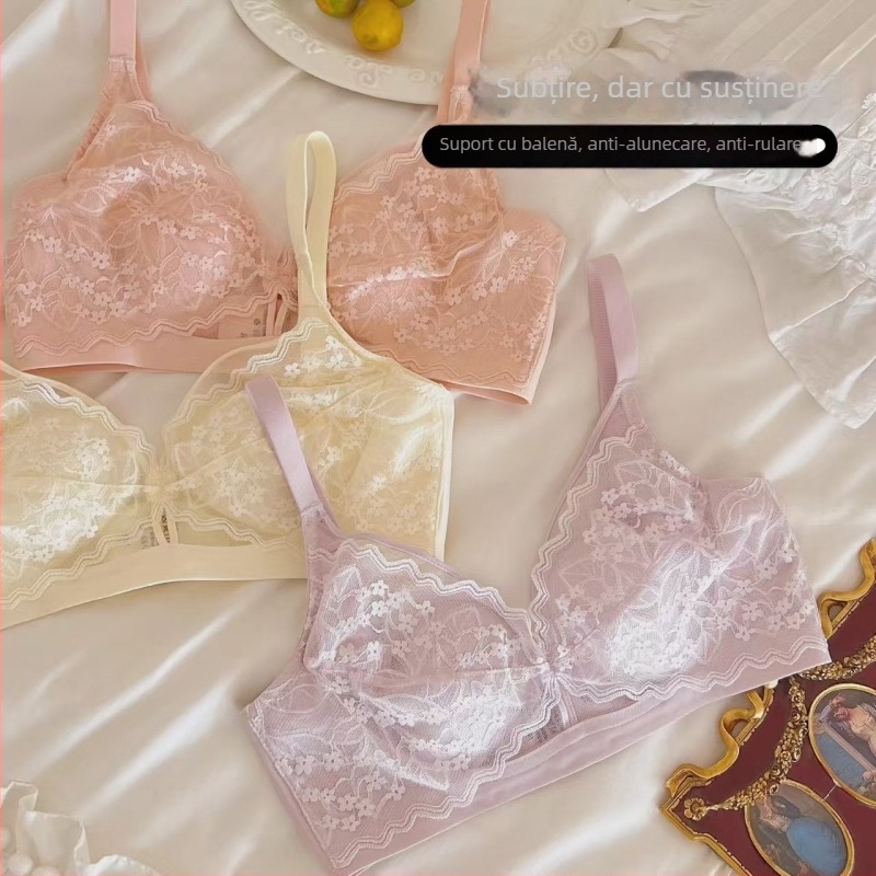 Sutien din dantelă franțuzească pentru bust mare, fără sârmă, model subțire de vară, modelare a sânilor pe margine, cupe cu urechi de iepure