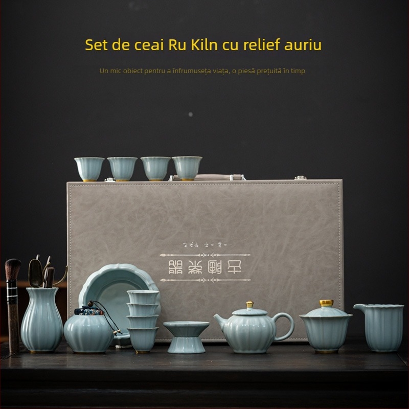 Set Gongfu ceai cu glazură craquelată Ru Kiln și Ge Kiln, gaiwan ceramic și ceainic, într-o cutie cadou premium