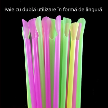 Set colorat linguri și paie de unică folosință, lingură și pai integrate 2 în 1, plastic PP, 100 buc