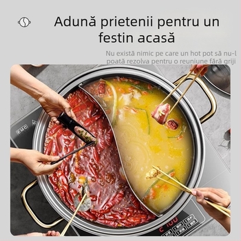 Oală Yuanyang din oțel inoxidabil 304, compatibilă cu plita cu inducție, cu capac, capacitate mare 2,1–4 L