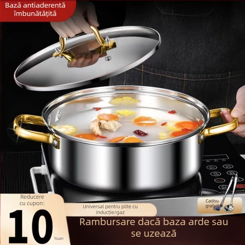 Oală Yuanyang din oțel inoxidabil 304, compatibilă cu plita cu inducție, cu capac, capacitate mare 2,1–4 L