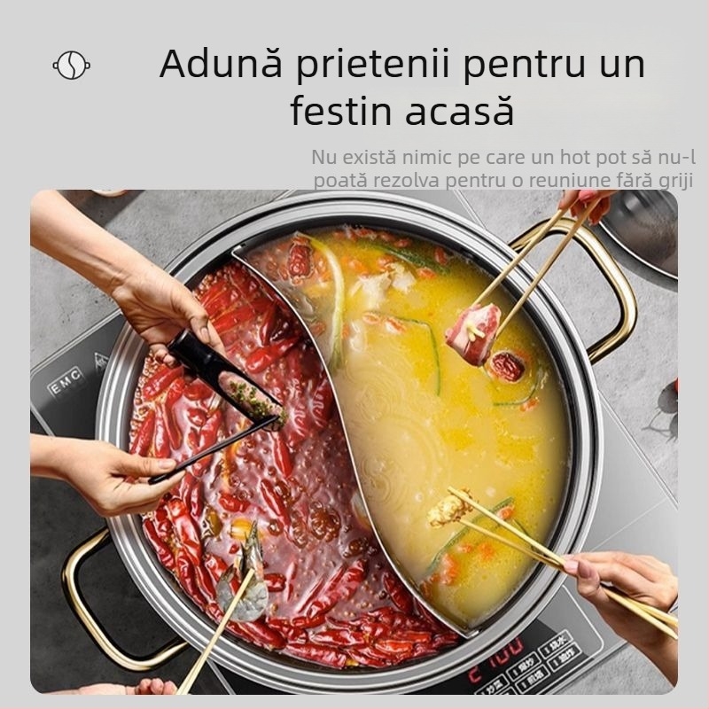 Oală Yuanyang din oțel inoxidabil 304, compatibilă cu plita cu inducție, cu capac, capacitate mare 2,1–4 L