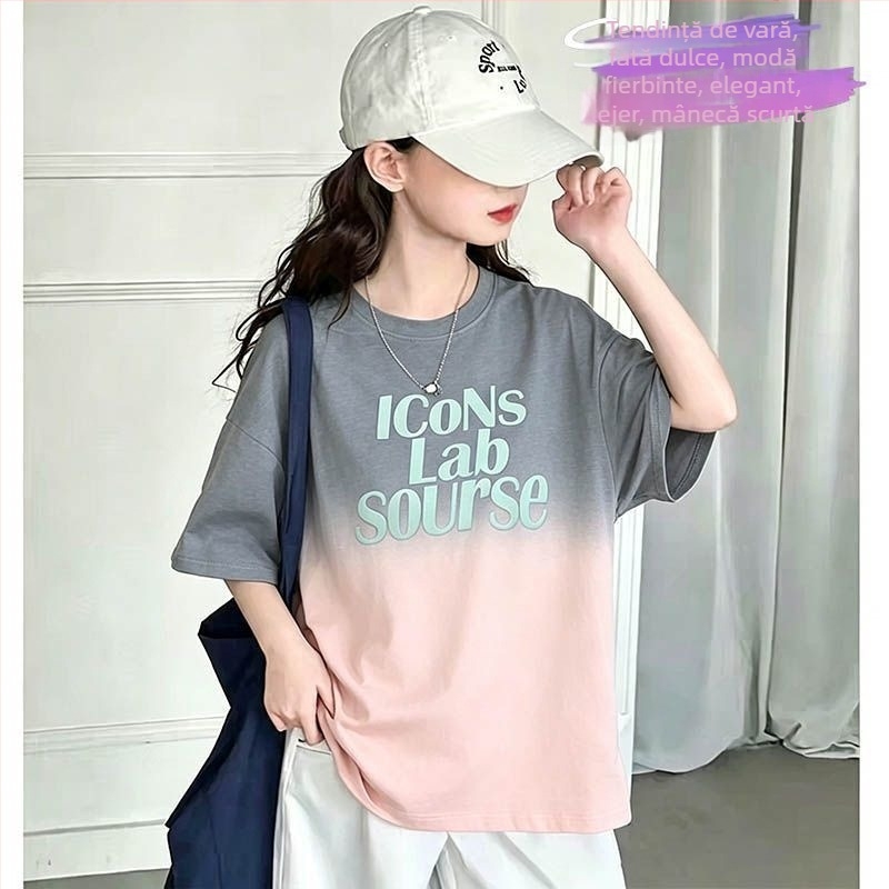 Qionika tricou copii cu mânecă scurtă din bumbac, tie-dye, vară, croială versatilă, guler rotund