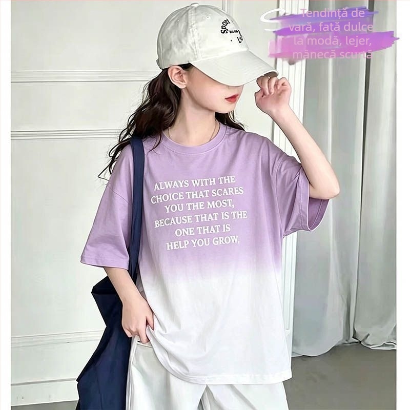 Qionika tricou copii cu mânecă scurtă din bumbac, tie-dye, vară, croială versatilă, guler rotund