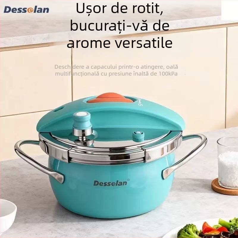 Desenlang oală sub presiune din oțel inoxidabil emailat, 3,5 L, bază cu cinci straturi, compatibilă cu aragaz cu gaz și plite cu inducție