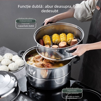 Vaporier din oțel inoxidabil îngroșat, trei straturi, 32 cm, utilizare casnică, mare capacitate, oală cu aburi multifuncțională