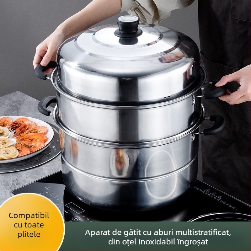 Vaporier din oțel inoxidabil îngroșat, trei straturi, 32 cm, utilizare casnică, mare capacitate, oală cu aburi multifuncțională