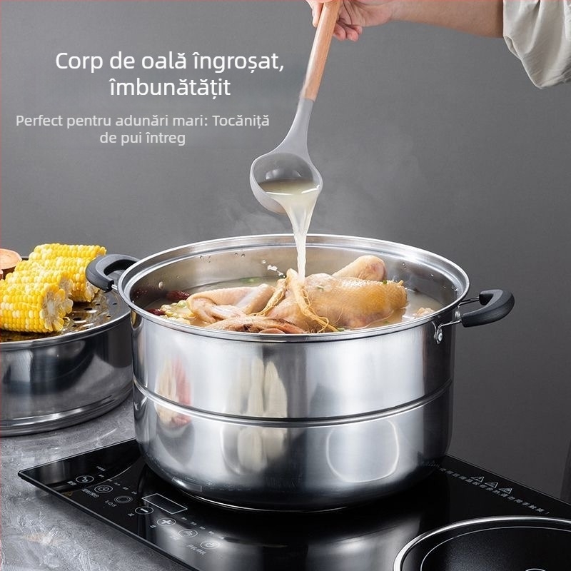 Vaporier din oțel inoxidabil îngroșat, trei straturi, 32 cm, utilizare casnică, mare capacitate, oală cu aburi multifuncțională