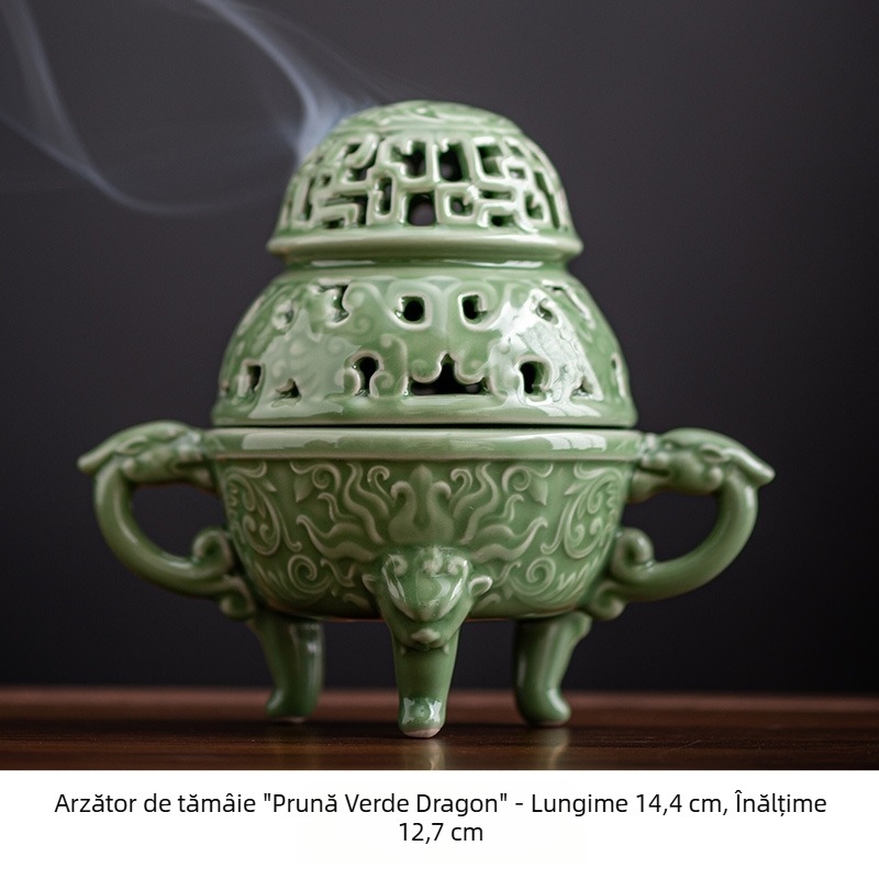 Incensier ceramic Celadon cu ramuri împletite și bujori, pentru ceremonia ceaiului.